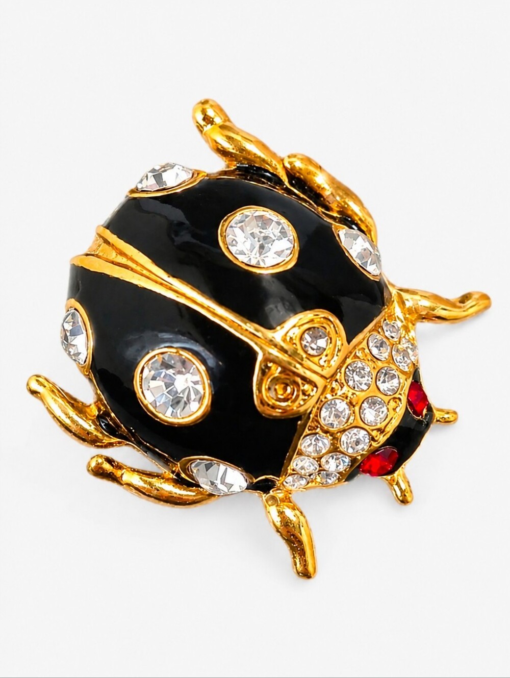 VINTAGE | Gold Tone Black Enamel Rhinestone Ladybug Brooch Lapel Pin